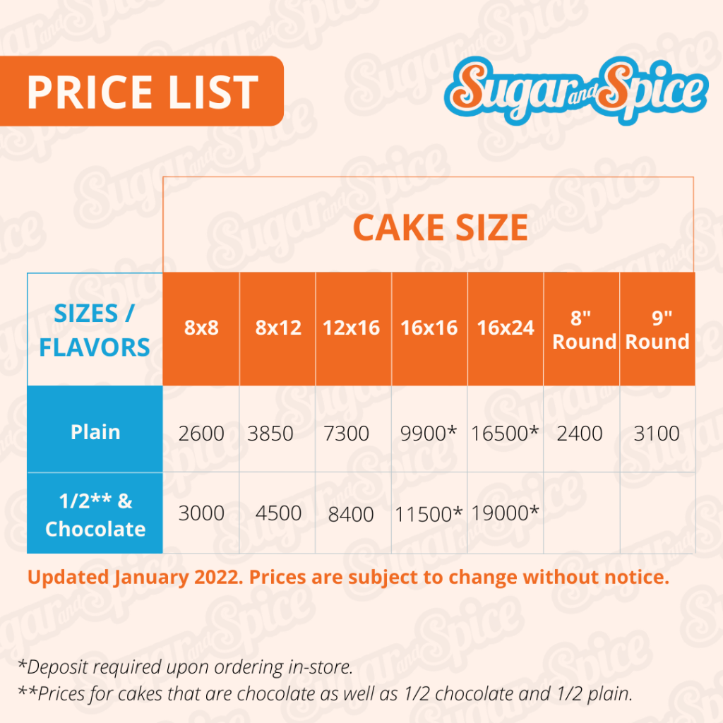 Sugar and Spice cake sizes and prices in Jamaica